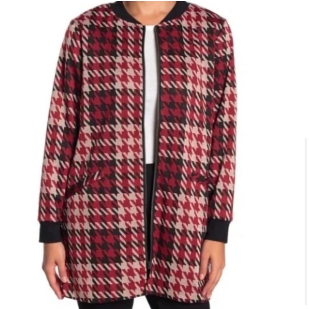 Sanctuary City Topper Houndstooth Pattern Full Zip Coat Red, Tan & Black, XL - Picture 1 of 7